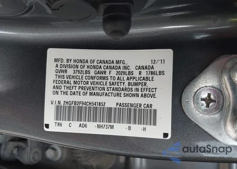 2012 Honda Civic Ex-L from USA, damaged, VIN 2HGFB2F94CH541852